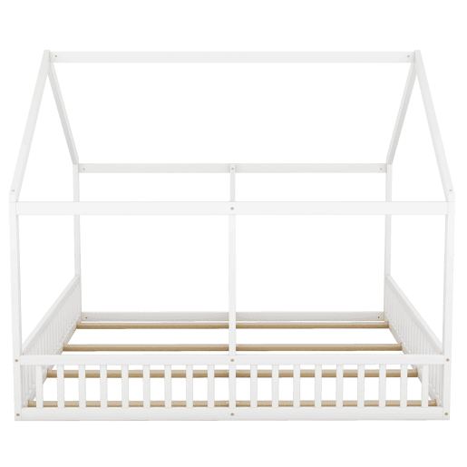 Cabana-cama em madeira de pinho 2x90x200cm - com teto e estrado - Branco