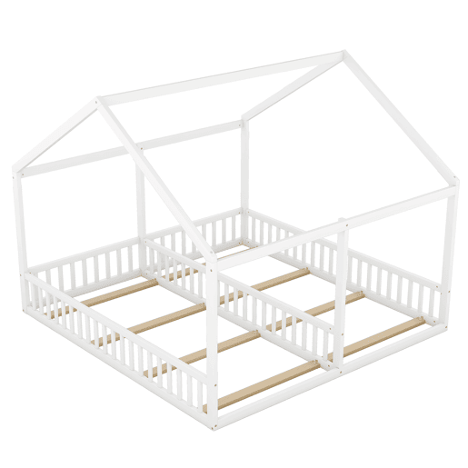 Cabana-cama em madeira de pinho 2x90x200cm - com teto e estrado - Branco