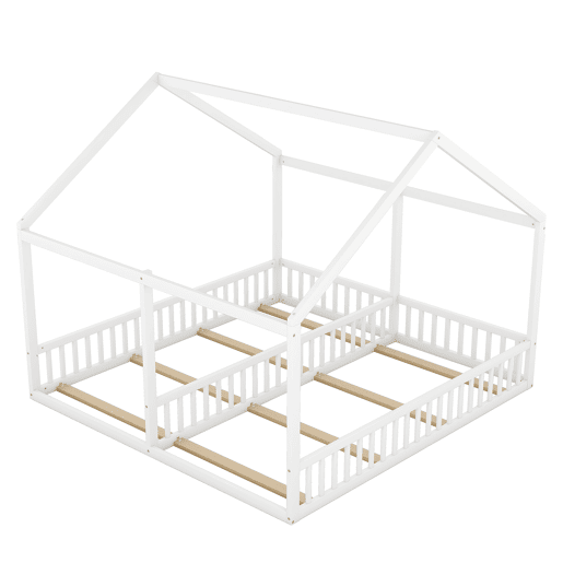 Cabana-cama em madeira de pinho 2x90x200cm - com teto e estrado - Branco