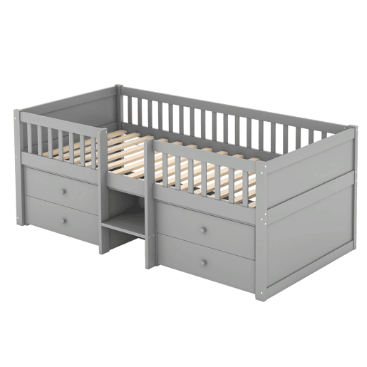 Cama de criança 90x200cm madeira maciça - com 4 gavetas - Cinzento (colchão não incluído)