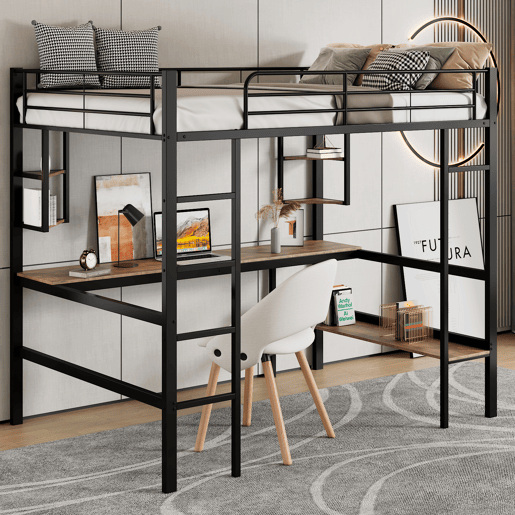 Cama mezzanine em ferro - 90x200cm - com secretária e 5 prateleiras - Preto