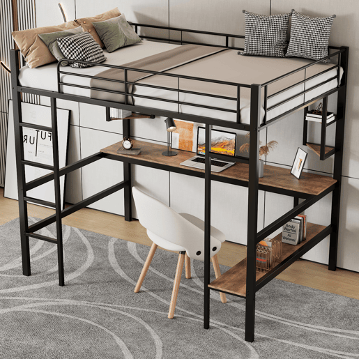 Cama mezzanine em ferro - 90x200cm - com secretária e 5 prateleiras - Preto