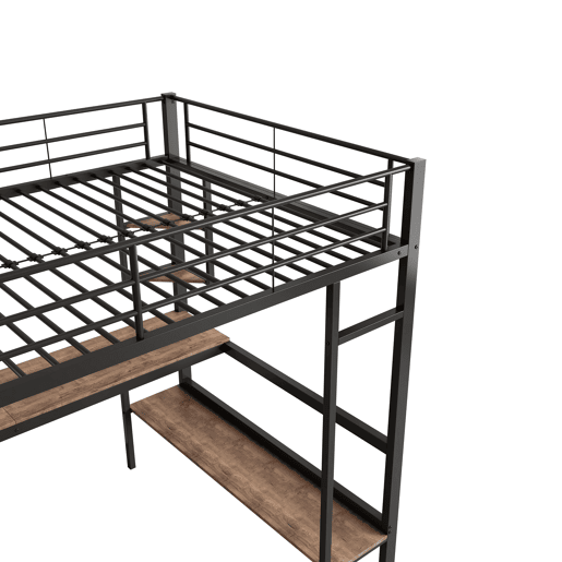 Cama mezzanine em ferro - 90x200cm - com secretária e 5 prateleiras - Preto