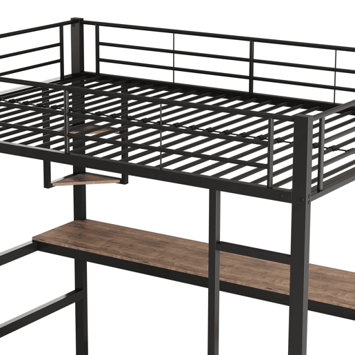 Cama mezzanine em ferro - 90x200cm - com secretária e 5 prateleiras - Preto