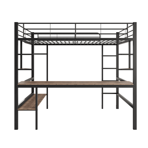 Cama mezzanine em ferro - 90x200cm - com secretária e 5 prateleiras - Preto