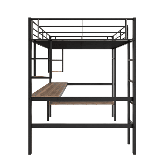 Cama mezzanine em ferro - 90x200cm - com secretária e 5 prateleiras - Preto