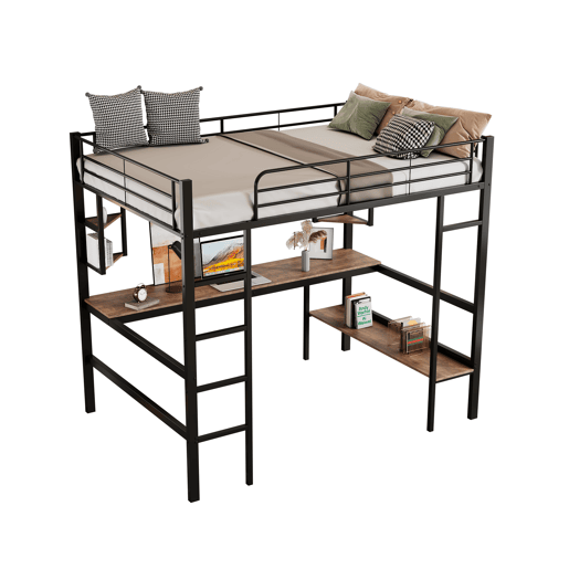 Cama mezzanine em ferro - 90x200cm - com secretária e 5 prateleiras - Preto