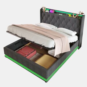 Cama de casal de linho 140x200cm com armazenamento,luz led,cinzento