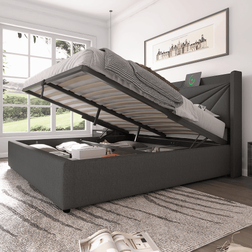 Cama de casal de linho 180x200cm com armazenamento,cinzento