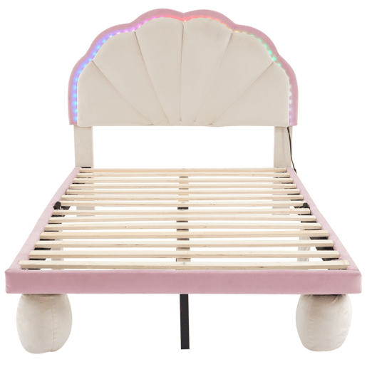Cama de veludo para criança 90x200cm com LED - cabeceira em forma de concha - com estrado de molas - Rosa