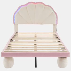 Cama de veludo para criança 90x200cm com LED - cabeceira em forma de concha - com estrado de molas - Rosa