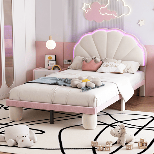 Cama de veludo para criança 90x200cm com LED - cabeceira em forma de concha - com estrado de molas - Rosa