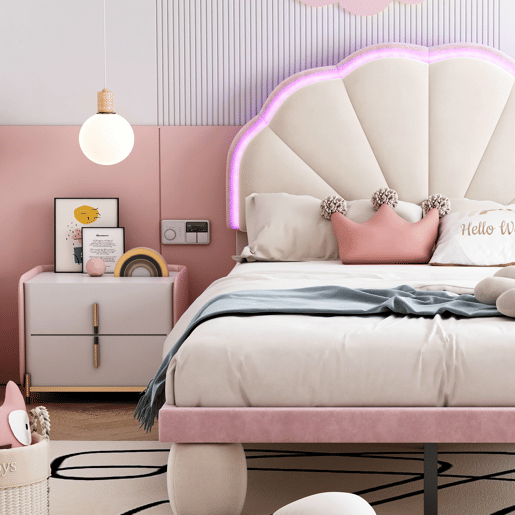 Cama de veludo para criança 90x200cm com LED - cabeceira em forma de concha - com estrado de molas - Rosa
