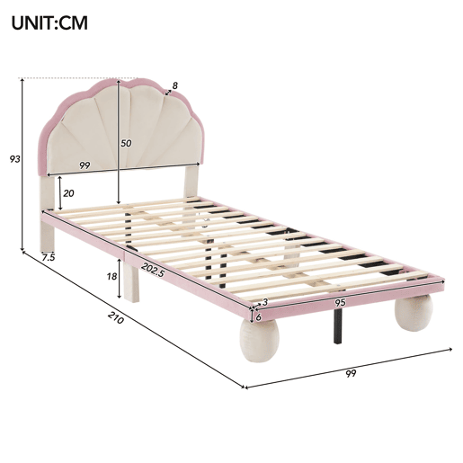 Cama de veludo para criança 90x200cm com LED - cabeceira em forma de concha - com estrado de molas - Rosa