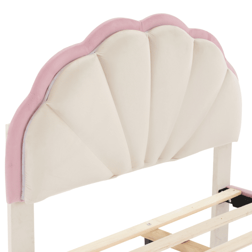 Cama de veludo para criança 90x200cm com LED - cabeceira em forma de concha - com estrado de molas - Rosa