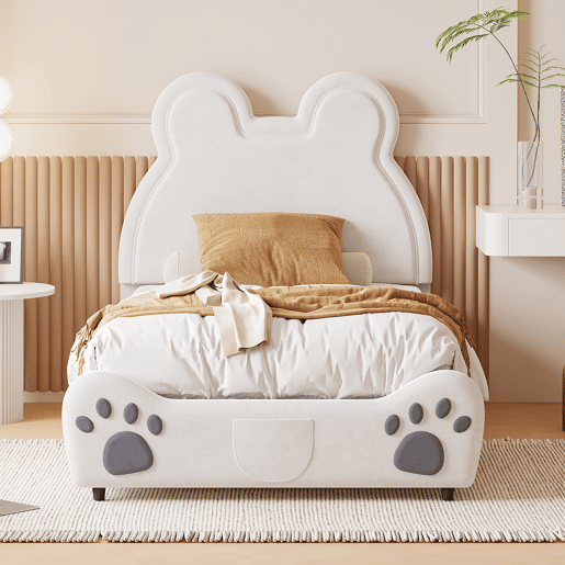 Cama de criança 90 x 200 cm - forma de urso - tecido de veludo - Branco