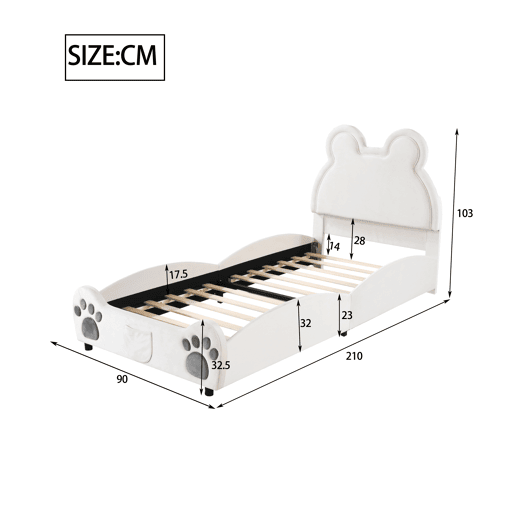 Cama de criança 90 x 200 cm - forma de urso - tecido de veludo - Branco