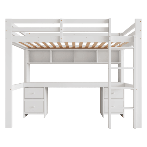 Cama mezzanine 90x200 cm - com secretária e 2 cómodas - pinho maciço e MDF - Branco