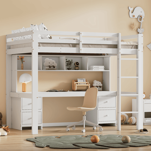Cama mezzanine 90x200 cm - com secretária e 2 cómodas - pinho maciço e MDF - Branco