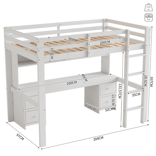 Cama mezzanine 90x200 cm - com secretária e 2 cómodas - pinho maciço e MDF - Branco