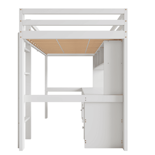 Cama mezzanine 90x200 cm - com secretária e 2 cómodas - pinho maciço e MDF - Branco