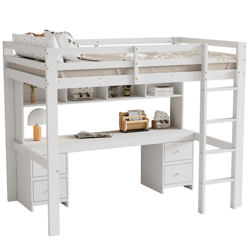 Cama mezzanine 90x200 cm - com secretária e 2 cómodas - pinho maciço e MDF - Branco