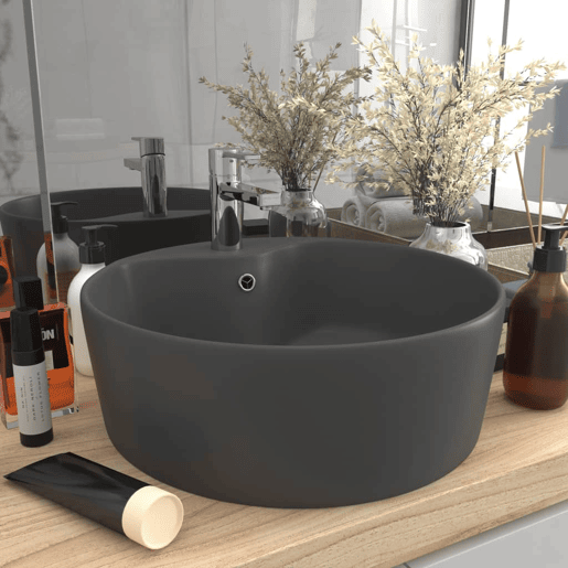 Lavatório - Lavabo - Pia de banheiro c extravasamento 36x13cm cerâmica cinza-escuro mate