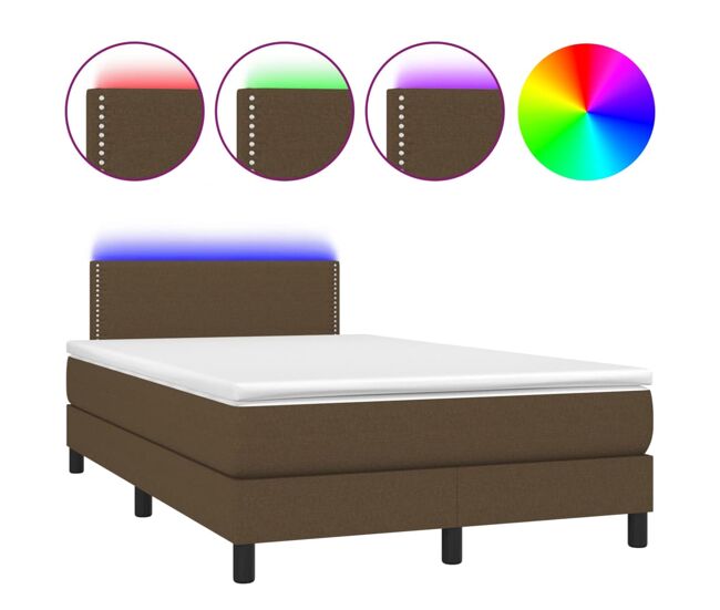 Cama box spring con colchón y led tela marrón oscuro 120x200 cm liso con clavos