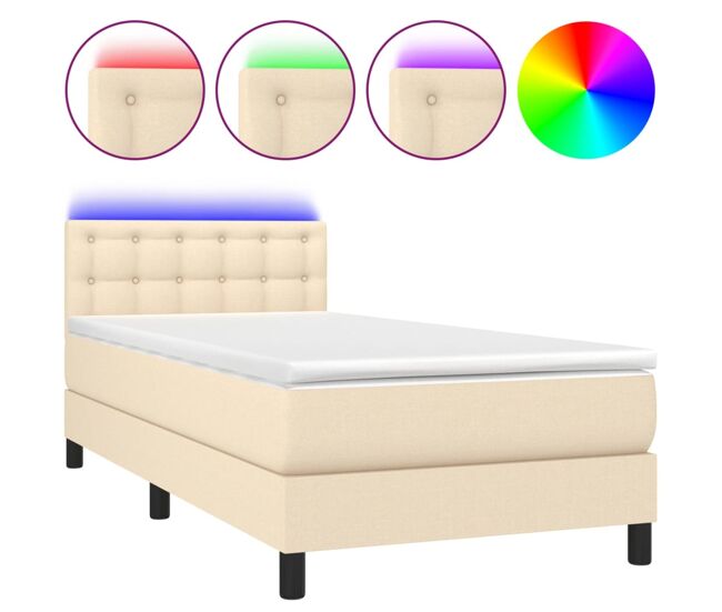 Cama box spring colchón y luces led tela crema 90x200 cm botones