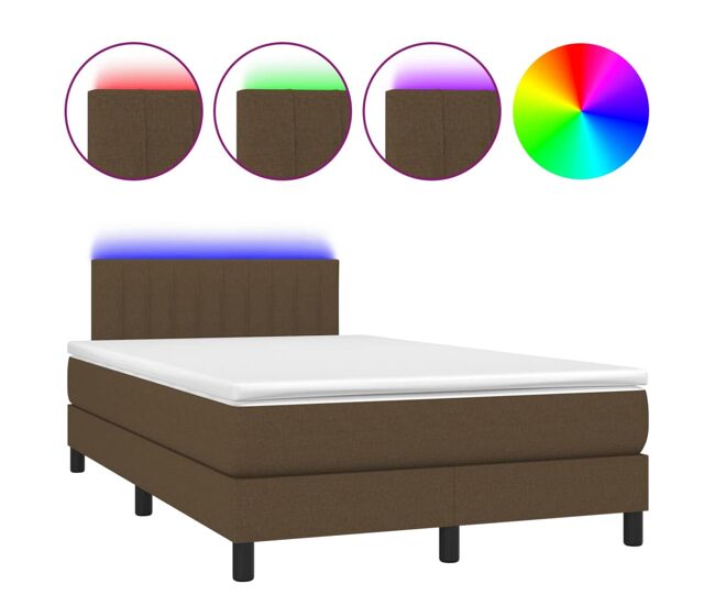 Cama box spring con colchón y led tela marrón oscuro 120x200 cm rayas verticales