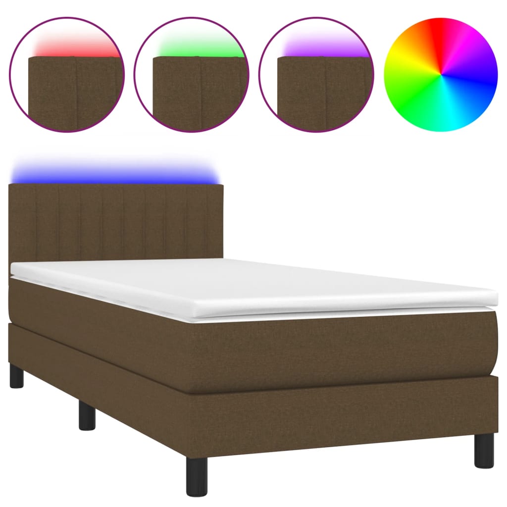 Cama box spring colchón y luces led tela marrón oscuro 80x200cm rayas verticales