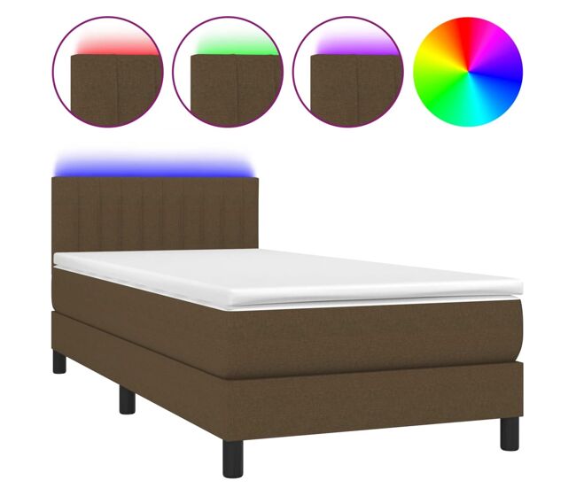 Cama box spring colchón y luces led tela marrón oscuro 80x200cm rayas verticales