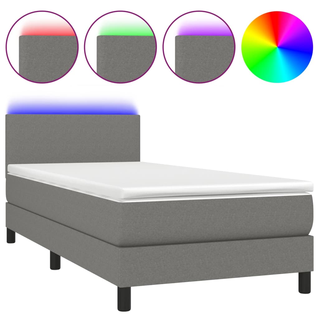 Cama box spring con colchón y led tela gris oscuro 100x200 cm diseño plano