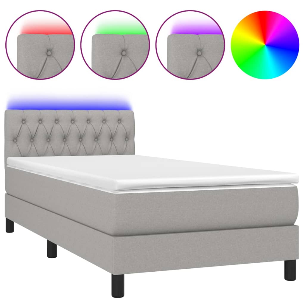 Cama box spring colchón y luces led tela gris claro 90x200 cm diseño de botones