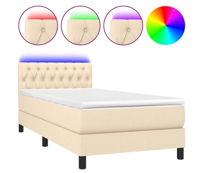 Cama box spring colchón y luces led tela crema 90x200 cm diseño de botones
