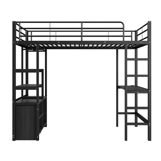 Cama loft metálica 90x200 cm - com secretária + tomadas USB + barreiras - Preto