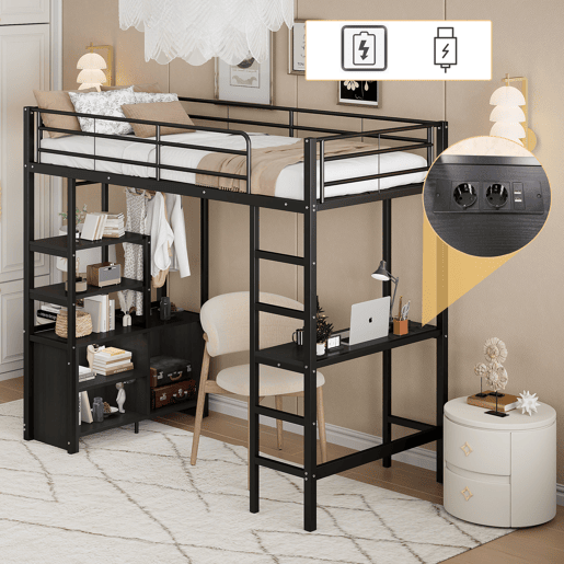 Cama loft metálica 90x200 cm - com secretária + tomadas USB + barreiras - Preto