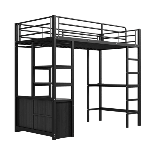 Cama loft metálica 90x200 cm - com secretária + tomadas USB + barreiras - Preto