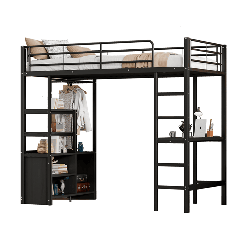 Cama loft metálica 90x200 cm - com secretária + tomadas USB + barreiras - Preto