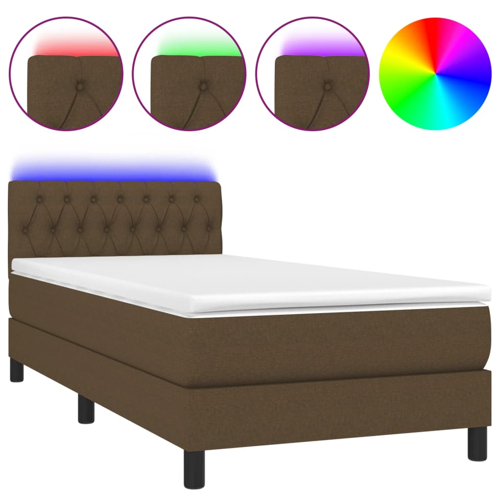 Cama box spring colchón y luces led tela marrón oscuro 90x200cm diseño de botones