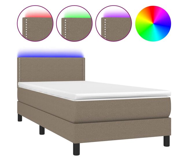 Cama box spring colchón y luces led tela gris taupe 90x200 cm liso con clavos