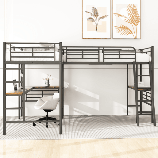 Cama mezzanine - 2 camas 90x200 cm - 2 secretárias debaixo da cama - Preto