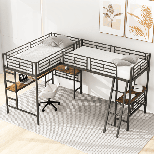 Cama mezzanine - 2 camas 90x200 cm - 2 secretárias debaixo da cama - Preto