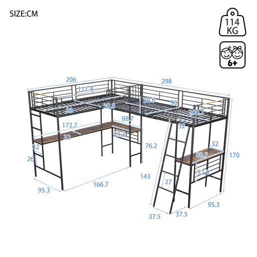 Cama mezzanine - 2 camas 90x200 cm - 2 secretárias debaixo da cama - Preto