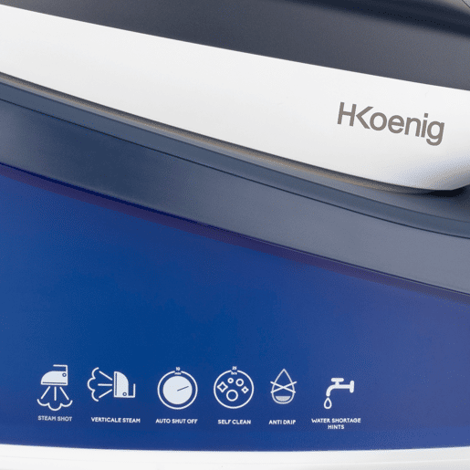 H.Koenig V7 Centro de Engomar a Vapor, Pressão 5,5 Bars, Produção 120 gmin, Função Vapor Vertical, Sola Cerâmica Anti-aderente, Depósito 1,5 L, Desligamento Automático