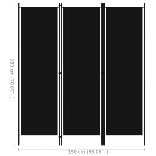 Biombo - Separador de Ambientes - Divisória de quarto com 3 painéis 150x180 cm preto