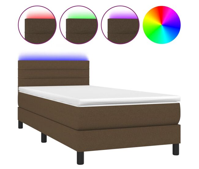 Cama box spring colchón y luces led tela marrón oscuro 90x200cm rayas horizontales