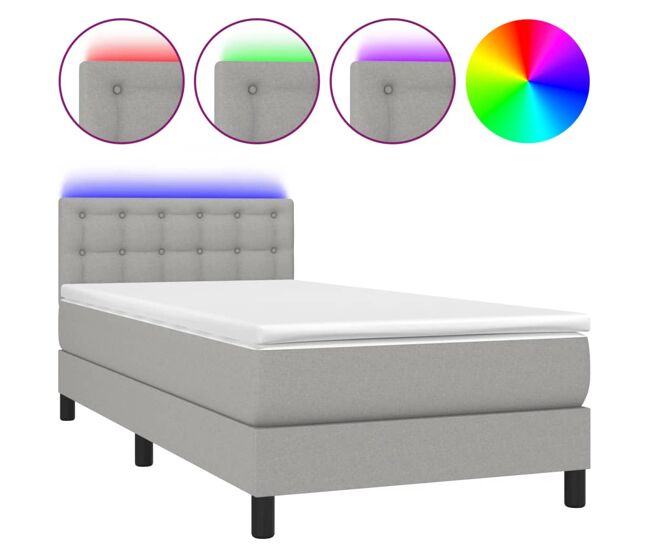 Cama box spring colchón y luces led tela gris claro 80x200 cm botones