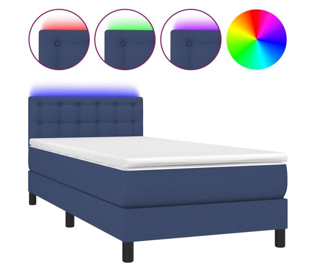 Cama box spring colchón y luces led tela azul 90x200 cm botones