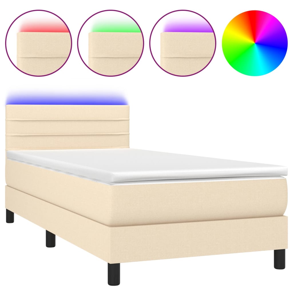 Cama box spring colchón y luces led tela crema 100x200 cm rayas horizontales